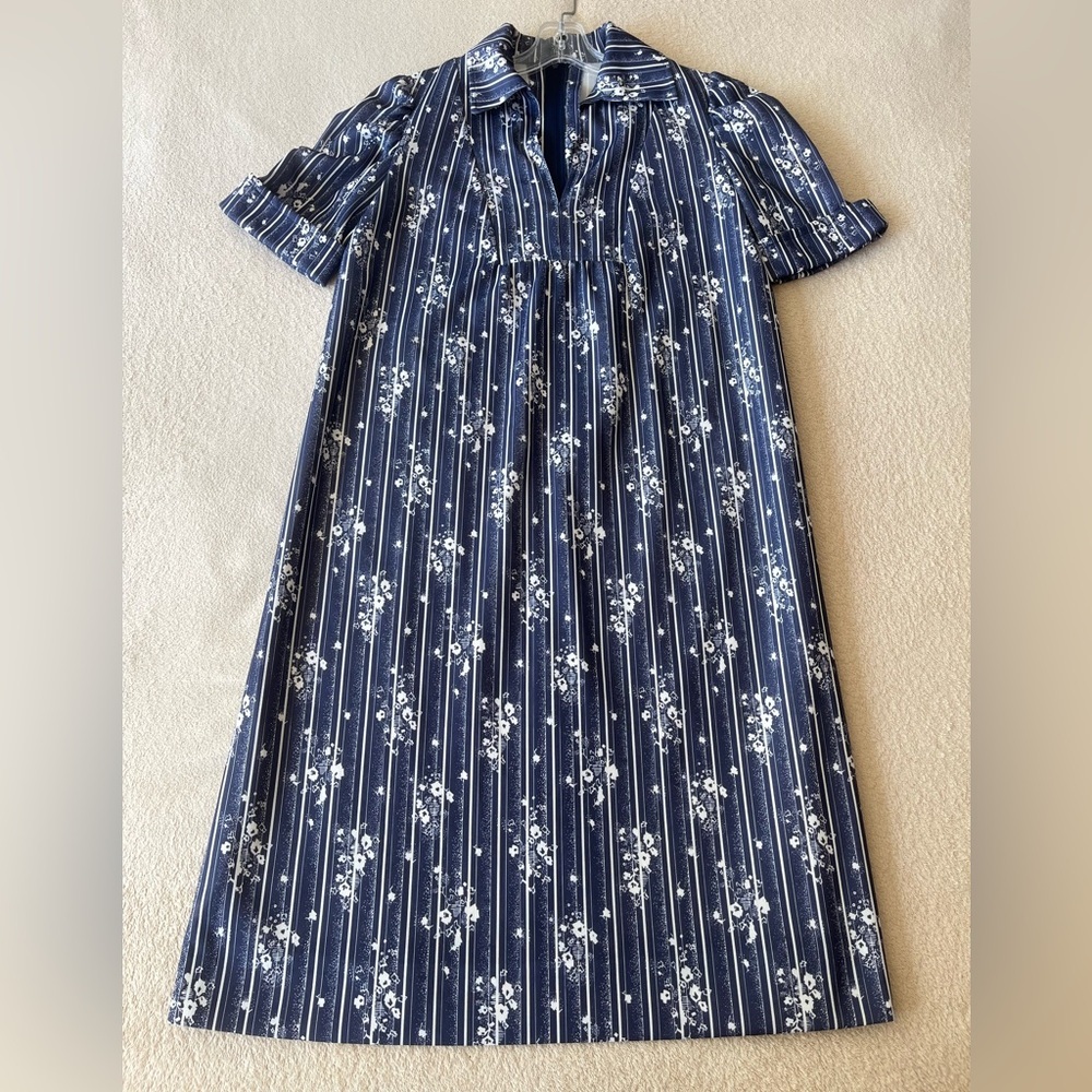 Vintage 70s Navy Floral Stripe A-Line Dress with Puff Sleeves - Picture 3 of 10